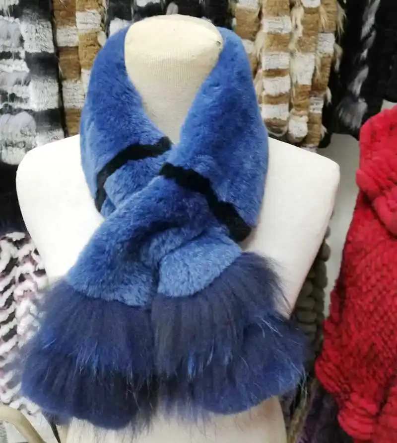 NGSG Для женщин 100 см синий реальный кролика рекс шарф роскошный серая полоса Silver Fox кисточкой Биб Женская зимняя обувь Теплые из натурального