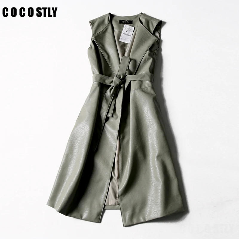 

Green Long Leather Vest PU Women Soft Vest Ladies Leather Turn-down Collar Leather Jacket Women Colete female With Belt