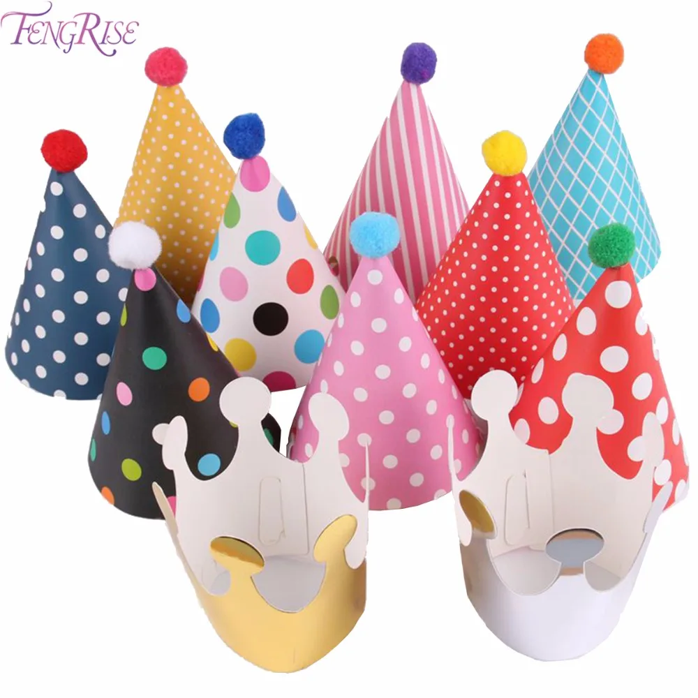 

FENGRISE 11pcs Polka Dot Striped Party Hats Kids Birthday Decorations DIY Korean Cute Paper Cap Crown Christmas Supplies