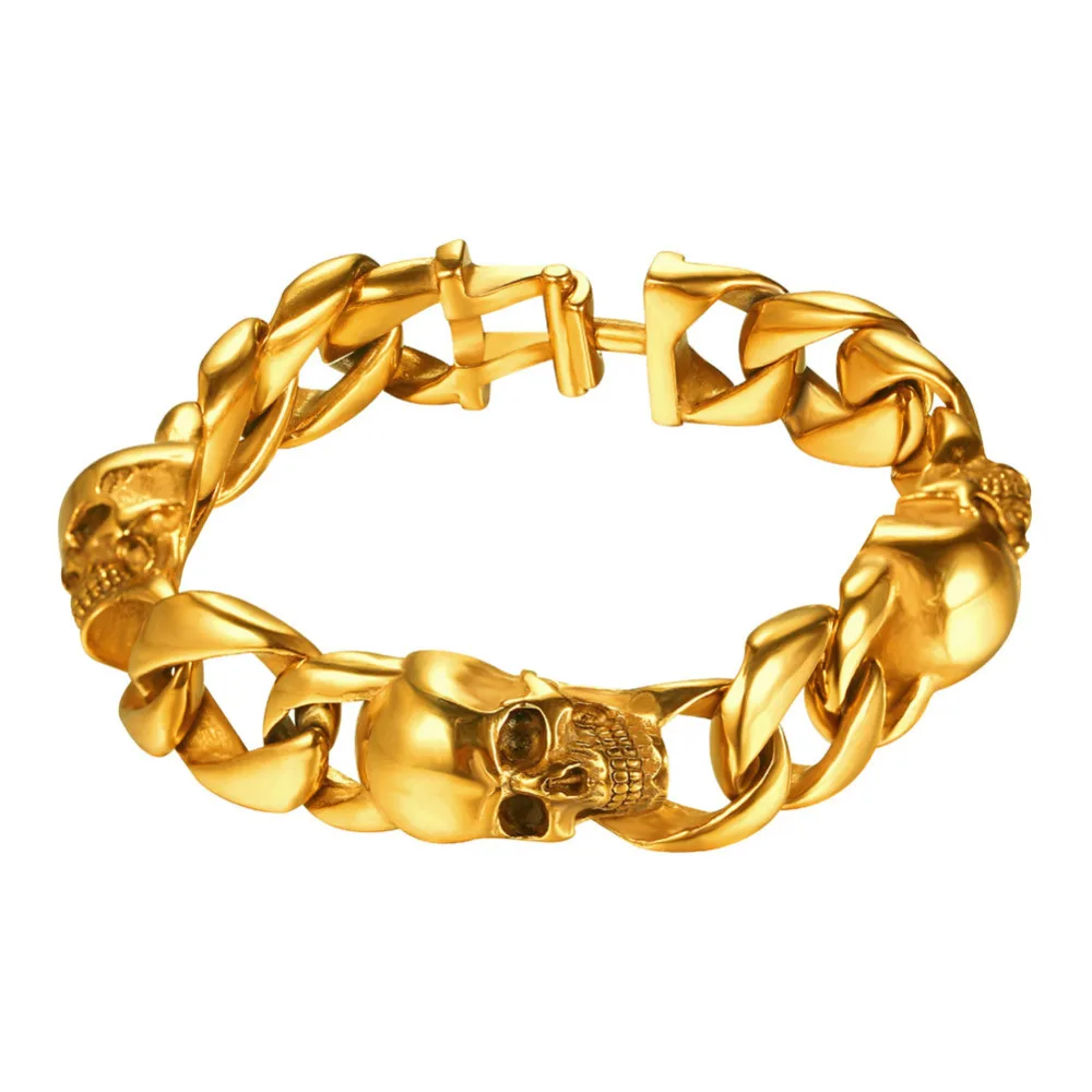 

Skull Skeleton Bracelet for Men Stainless Steel Gold Color Gothic Jewelry Punk Black Hand Chain Gift H07