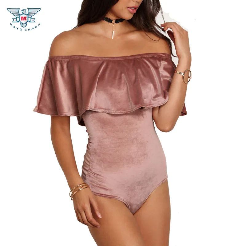 

2017 Spring Summer Women Bodysuits Ruffles Sexy Club Perfect Velvet Bodycon Jumpsuit Solid Off Shoulder Playsuits Body Overalls