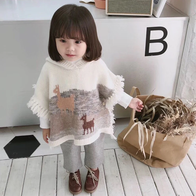 

Girls sweater cloak alpaca wool sweater for kids Autumn soft warm outwear hooded fashion hooded sweater in middle of September