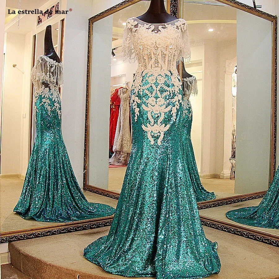 

La estrella de mar gala jurken 2019 new sequins crystal cloak sexy mermaid blue green prom dresses long plus size gala dress