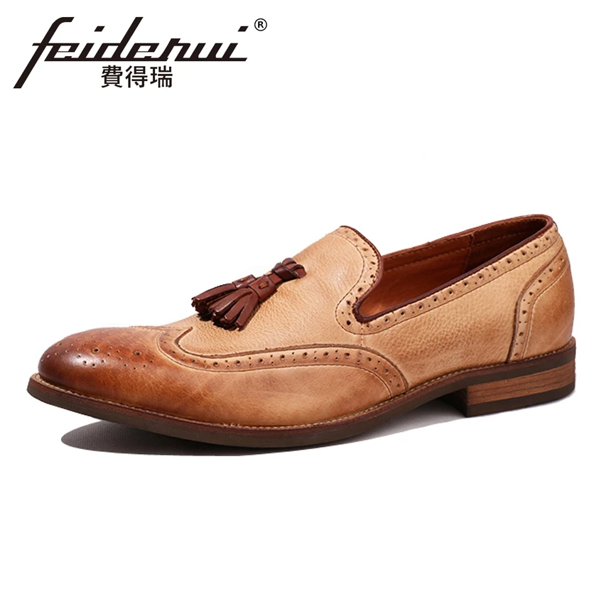 

British Designer Men's Genuine Leather Wingtip Carved Loafers Vintage Round Toe Slip on Handmade Man Casual Brogue Shoes HQS134