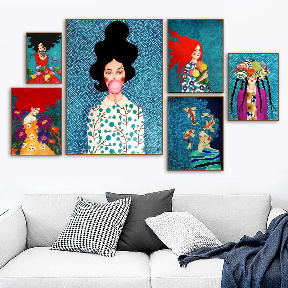 

Abstract Fashion Vintage Bubble Girl Wall Art Canvas Painting Nordic Posters And Prints Wall Pictures For Living Room Home Decor