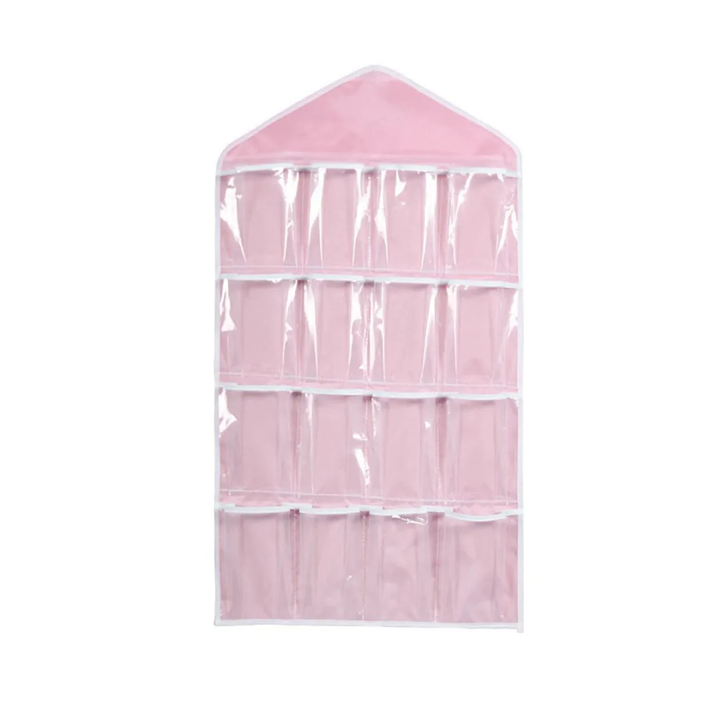16Pockets Clear Hanging Bag Socks Bra Underwear Rack Hanger Storage Organizer Hanging Organizer For Home Living Room - Color: Pink