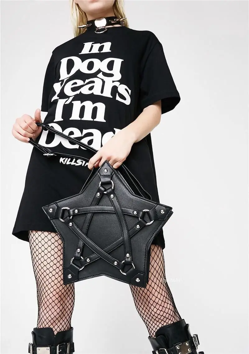 JIEROTYX Dark Gothic Pentagram Shoulder Bag Unisex Punk Designer Casual Totes Women Fashion Retro Handbag Gifts Black Leather