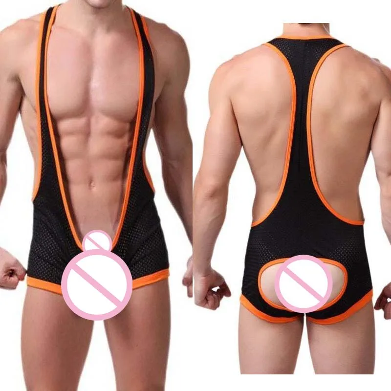 2018 New Men Thong Bodysuit Sexy Men's Mesh Bodysuit Suspender Wrestling Singlets For Men
