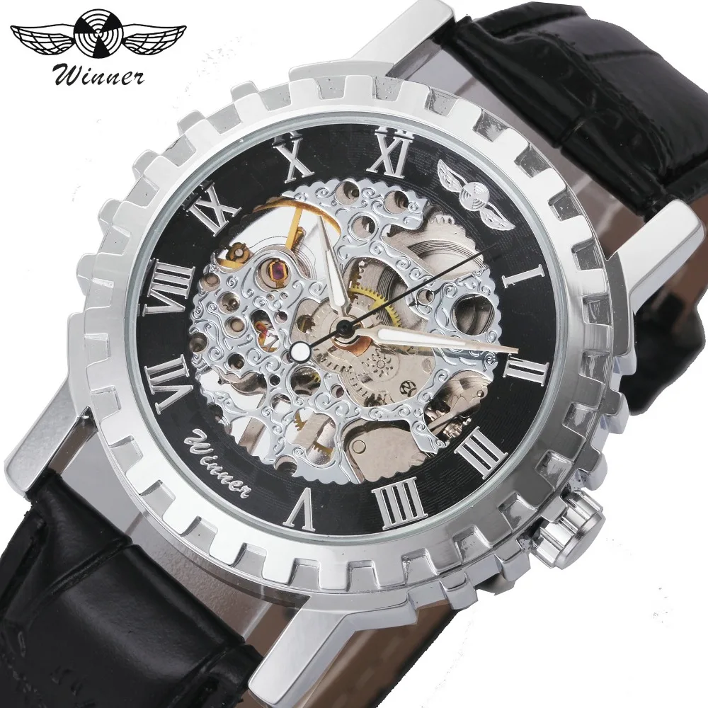 

WINNER Casual Unisex Men Mechanical Watch Leather Strap Skeleton Dial Roman Number Gear Minimum Design Hand-wind Wristwatch