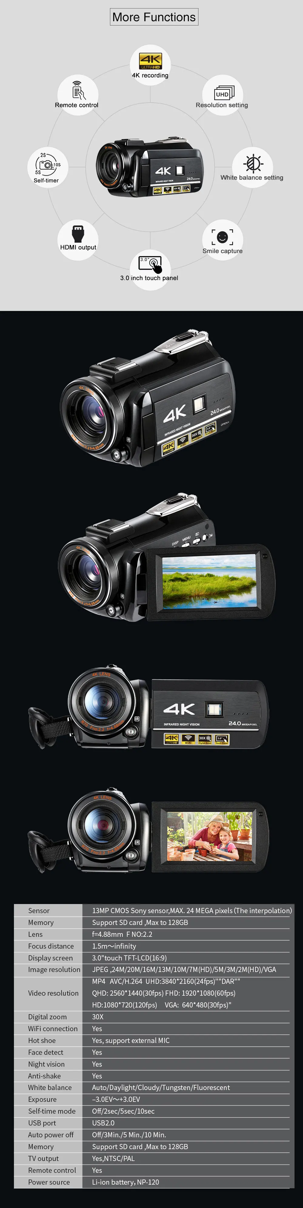 Winait UHD 4K wifi цифровая видеокамера ночного видения Цифровая видеокамера с сенсорным дисплеем