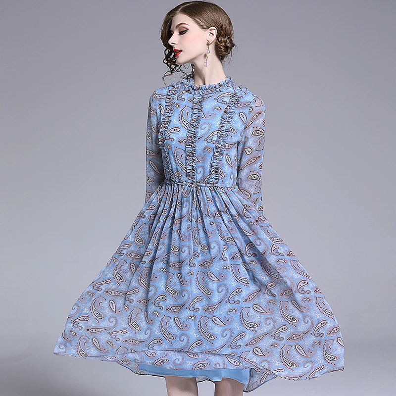 

New Italy style brand long-sleeved chiffon dress ladies fashion retro dress for girl summer elegant dresses women vestito jurk
