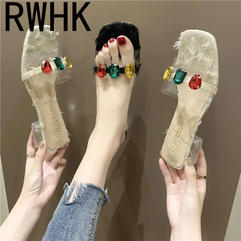 

RWHK Women's shoes 2019 summer new square head rhinestones open toe transparent thick with casual beach slippers B182