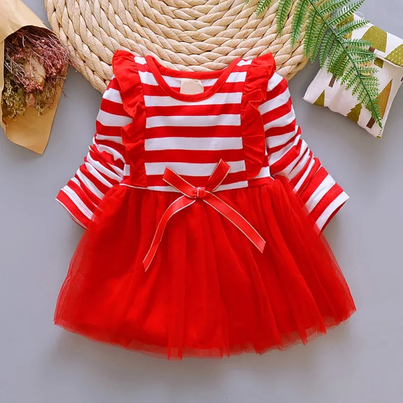 

Cute Children Girls Cute Stripes Mesh Stitching Bottoming Temperament Long Sleeve Sweet Princess Dress 0-3Y Newborn Baby Clothes
