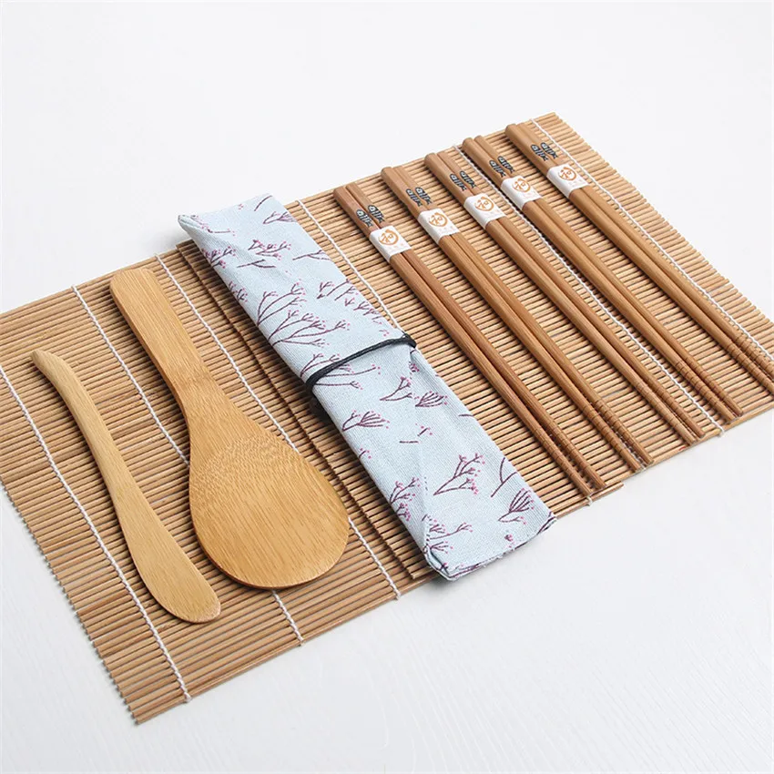 

10PC Bamboo Sushi Maker Set Sushi Rolls Maker Sushi Machine Bento Mold Accessories Chopsticks And Rice Paddles Rice Roller Mold