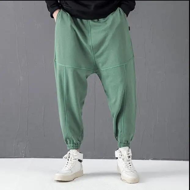 Мужская одежда осень уличная мода свободные штаны с мотней ноги закрыты шаровары с крестами двигаться Для мужчин t брюки с резинками на щиколотках - Цвет: Зеленый