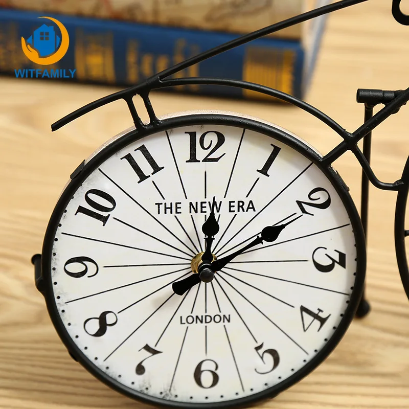 

American Creative Alarm Clock Wrought Iron Home Bedroom Decoration Retro Bicycle Set Table Clock Home Wall Clock Decoration