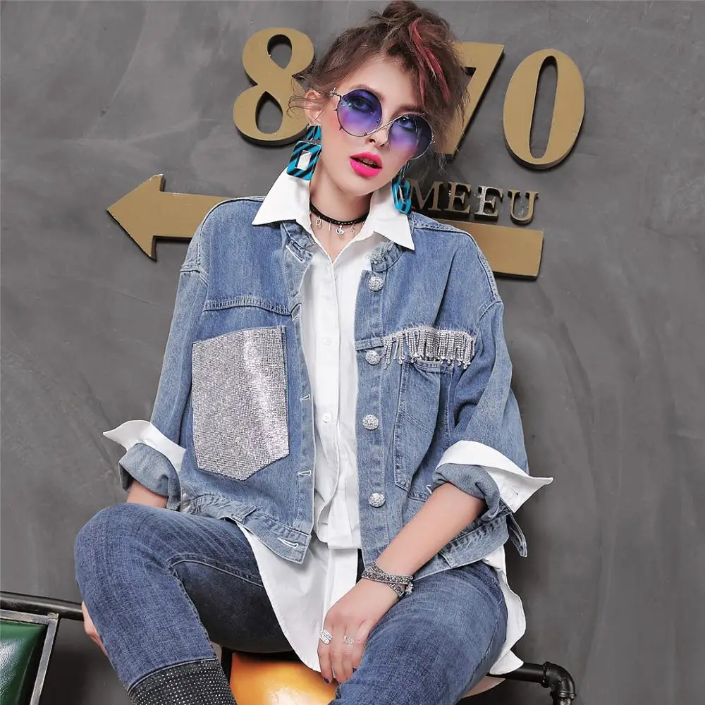 

Fashion Shirt Patchwork Jeans Jacket Woman Spring 2019 New Diamond Pocket Button Tassel Design High Quality Women Denim Jackets