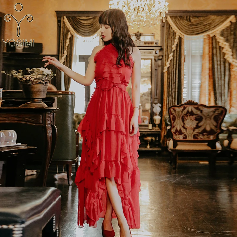 

YOSIMI 2019 Summer Ladies Party Dress Red Chiffon Long Women Dress Sleeveless Sexy Lady Party Dress Female Vestido Maxi Elegant