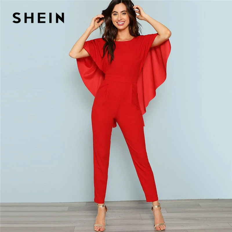 Женский однотонный комбинезон SHEIN красный с открытой спиной и открытым плечом