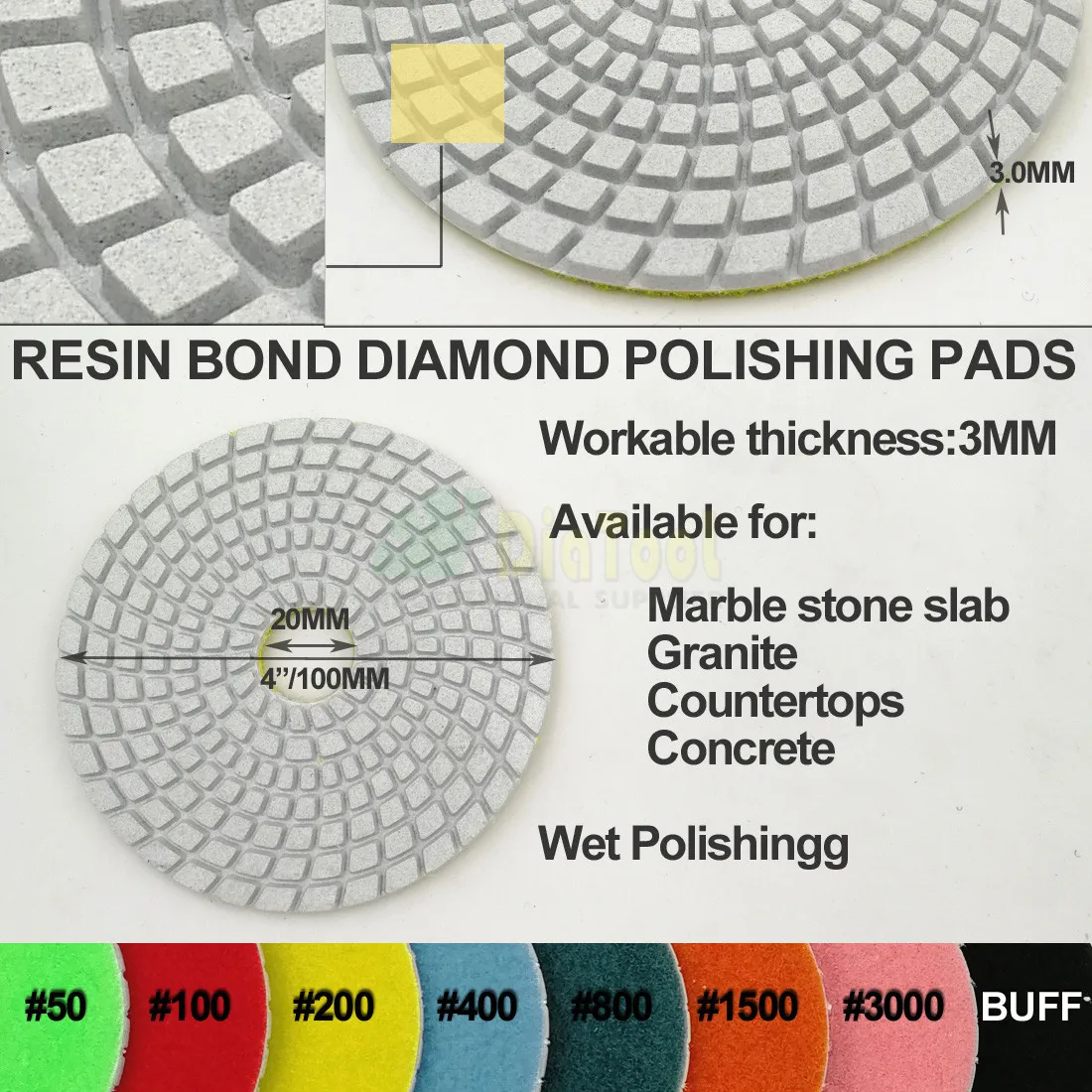 DIATOOL 6pcs 4" diamond wet flexible polishing pads #50 DIATOOL 100mm White bond sanding disc for granite stone marble