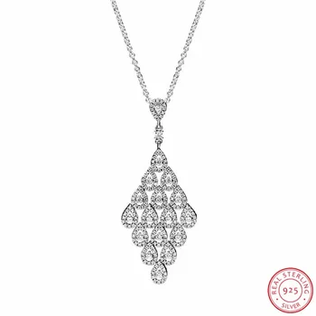 

925 Sterling Silver 80cm Chain Long Necklaces Cascading Glamour Pendants Teardrop-Shaped Clear CZ Sliding Clasp FLN043