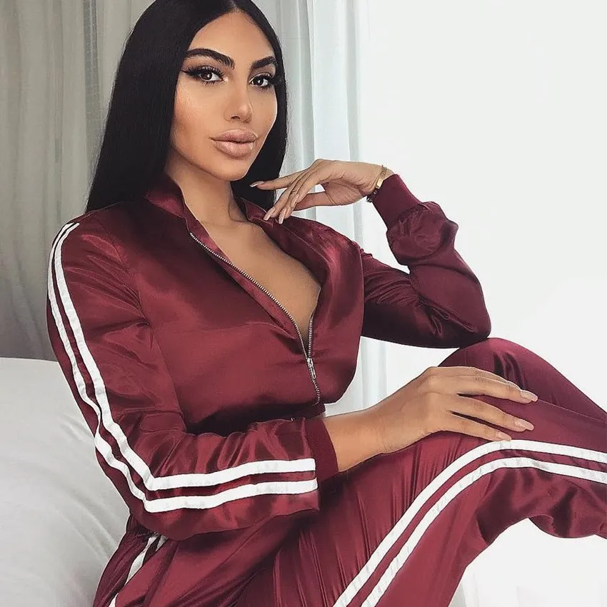 

2019 Autumn Women Cropped Top And Side Stripe Trousers Suit Front Zipper Sweatshirt And Pants Casual Tracksuit