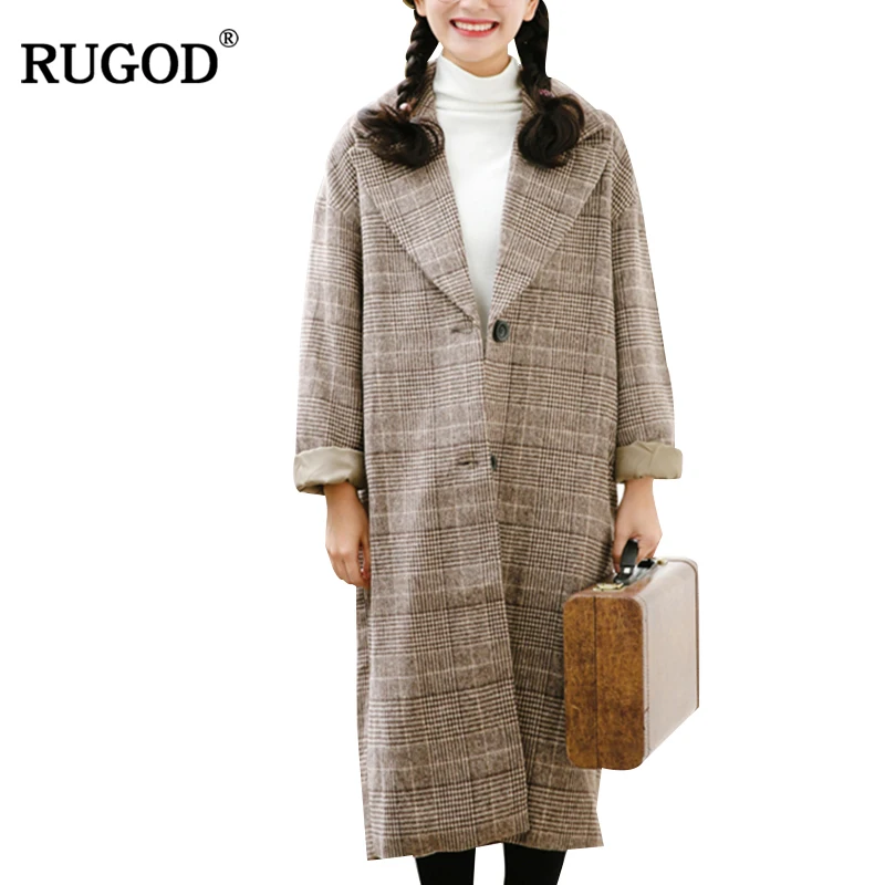

RUGOD Vintage Plaid Wool Coat Winter Long Woolen Jackets 2018 Fashion European Style Thick Trentch Coat Female Jackets Befree