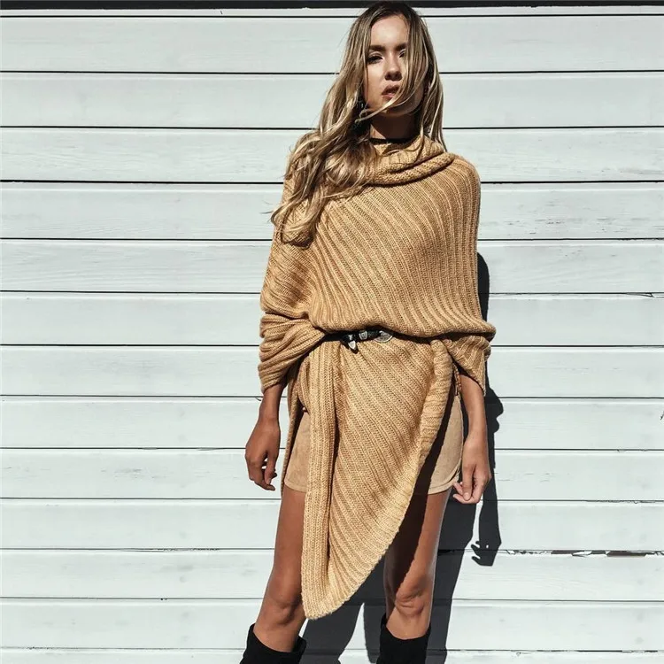 Pullovers Scarf collar Batwing Sleeve Wool Sweater women loose long sleeve Knitted casual solid Fashion cloak cape sweaters | Женская