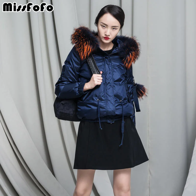 

MissFoFo Brand 2016 New Women Down Jackets CLJ Fashion Real Raccoon Dog Fur Hood Down Coat 2XL Color Short Parka 90% White Duck