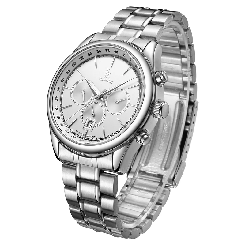 IK العلامة التجارية رجل التلقائي الميكانيكية ووتش رجل 24 ساعة تقويم مضيئة الفضة الصلب الكامل الساعات الأزياء بسيطة عارضة relojes