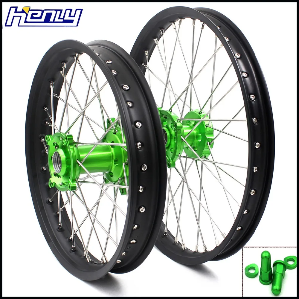 1,6*2" /2,15*19" MX мотоциклетные колеса диски набор для KAWASAKI KX125 KX250 2006-2007 Зеленый концентратор черные диски