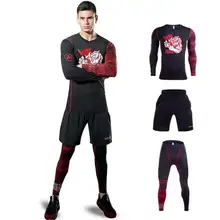 3 Pieces Men GYM Compress Fitness Sets Long Tee Top + Legging + Shorts Workout Exercise Sport Shirts Running Tights A206