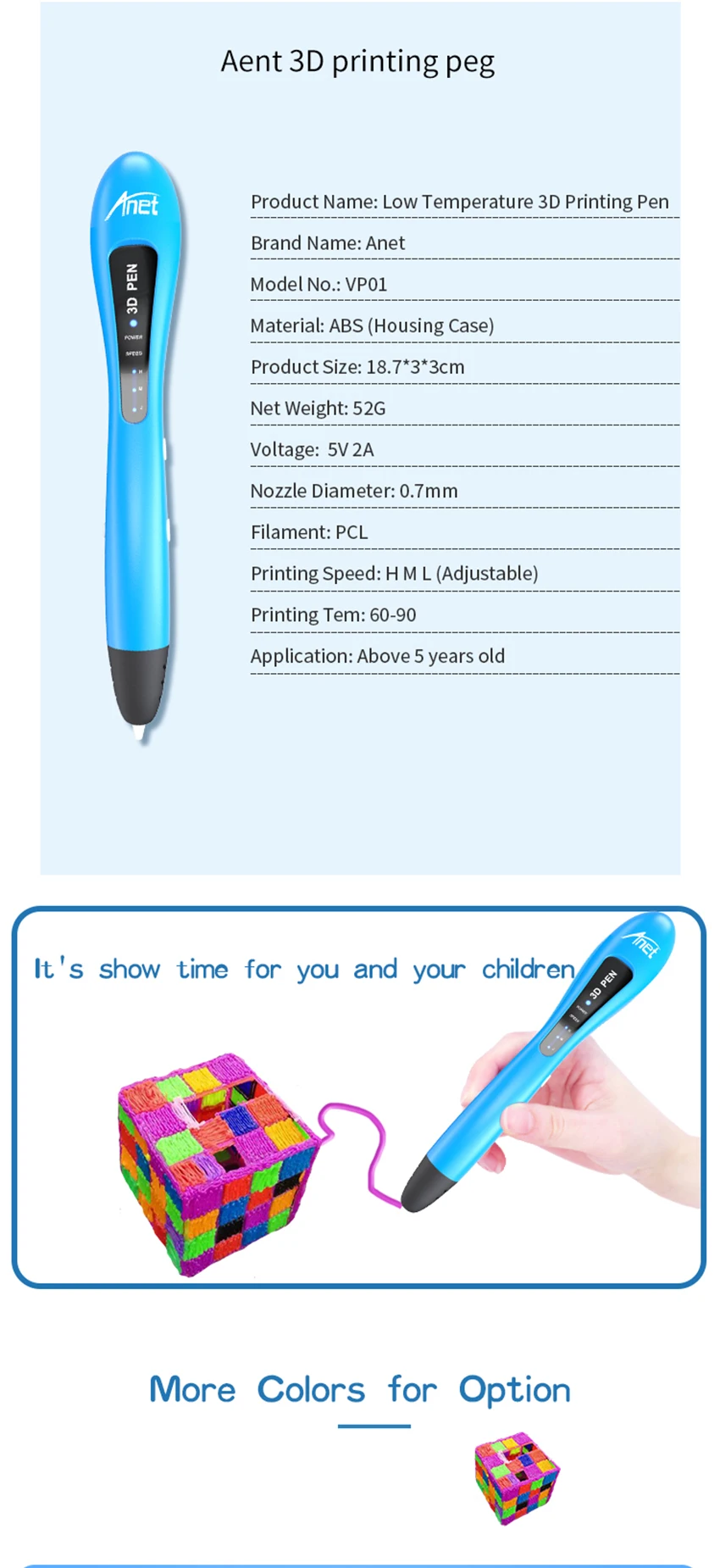 Anet 3D Ручка низкотемпературная 3D Ручка для рисования с светодиодный индикатором 1,75 мм нить из ПКЛ заправки DIY креативный подарок 3d Ручка малыш