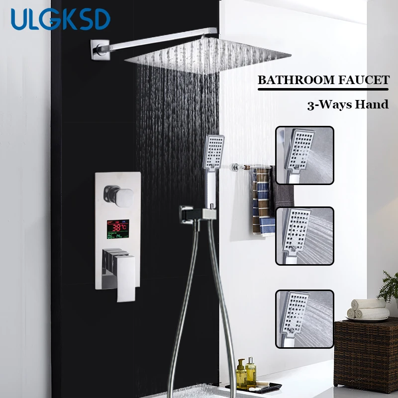 

ULGKSD LED Digital Display Shower Faucet Set Rain Shower Head 3-way Handshower Digital Display Mixer Tap Bathroom Shower Faucet