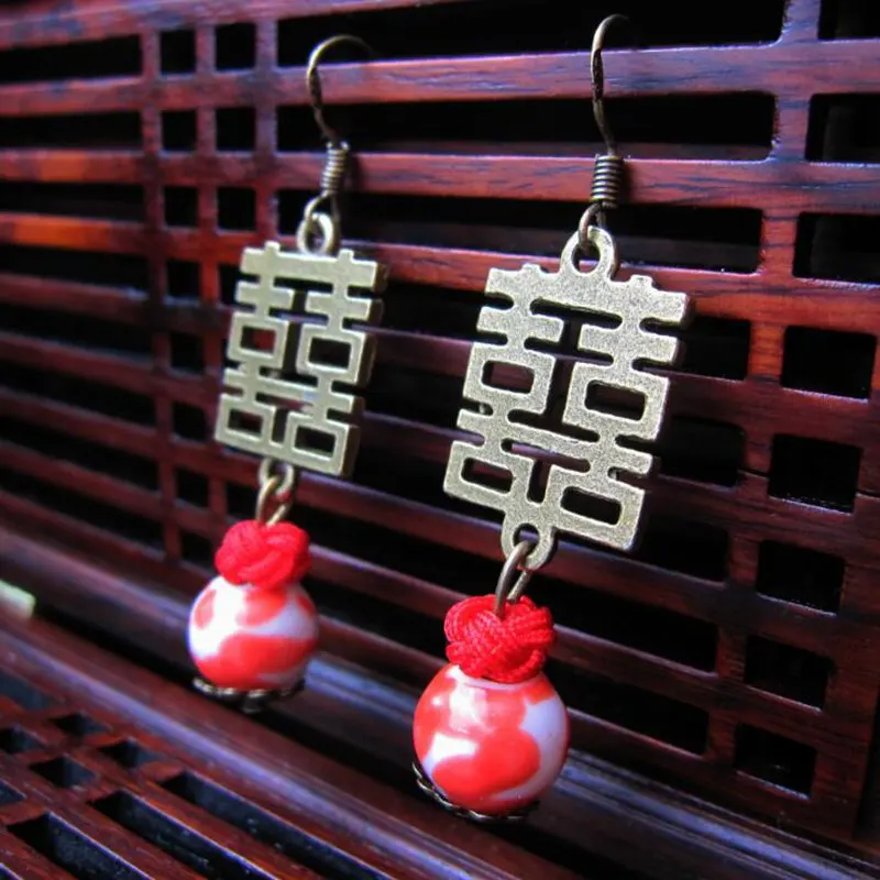 

Ruifan Chinese Red Jewelry Vintage Porcelain Enamel Beads Xi Character Earrings for Women Drop Dangle Wedding Earring YEA284