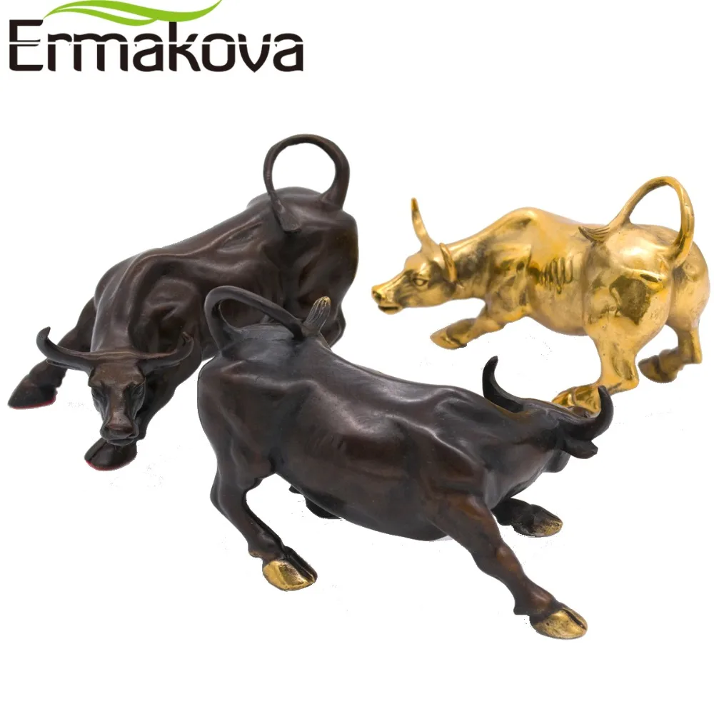 

ERMAKOVA 11.5CM(4.5") Brass Wall Street Bull Ox Figurine Charging Stock Market Bull Statue Feng Shui Sculpture Home Office Decor