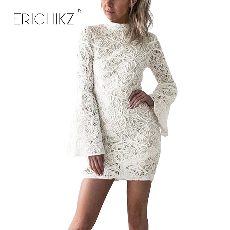 ERICHIKZ New Fashion o neck White Lace Dress Women Long Sleeve Elegant Evening Party Bodycon Mini Dress Vestidos Femme Autumn long-white-lace-dress