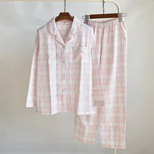 Женская пижама, костюм, пижама с длинными рукавами, ночная рубашка, ночная рубашка, пижамные штаны, с лацканами, хлопковая двойная пряжа