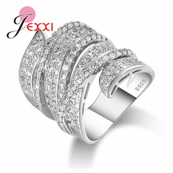 

925 Silver -Silver-Jewelry Micro Inlay Full White Crystal for Women New Stylish Hollow Wide Band Ring Punk Type Original
