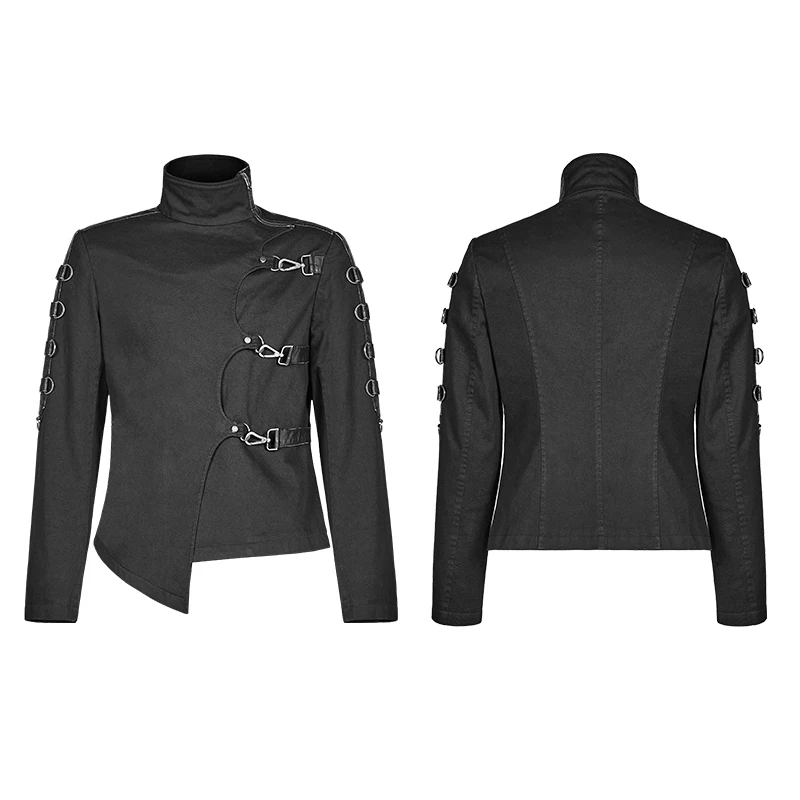 PUNK RAVE Men's Punk Jackets Handsome Asymmetric Twill Short Coat Casual Jacket Both Sides Sleeve Stitching Streetwear