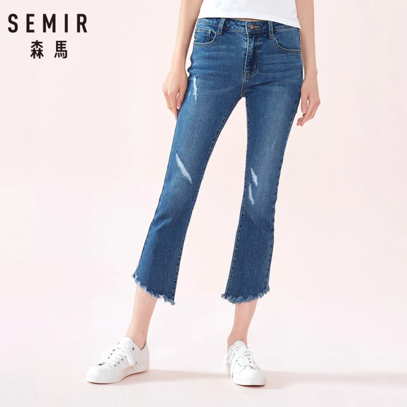 SEMIR женские Мини джинсы с завышенной талией необработанными краями облегающие
