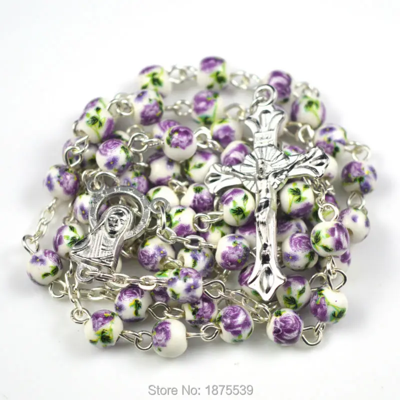 

2016 fashion ceramic round flower bead catholic rosary necklace