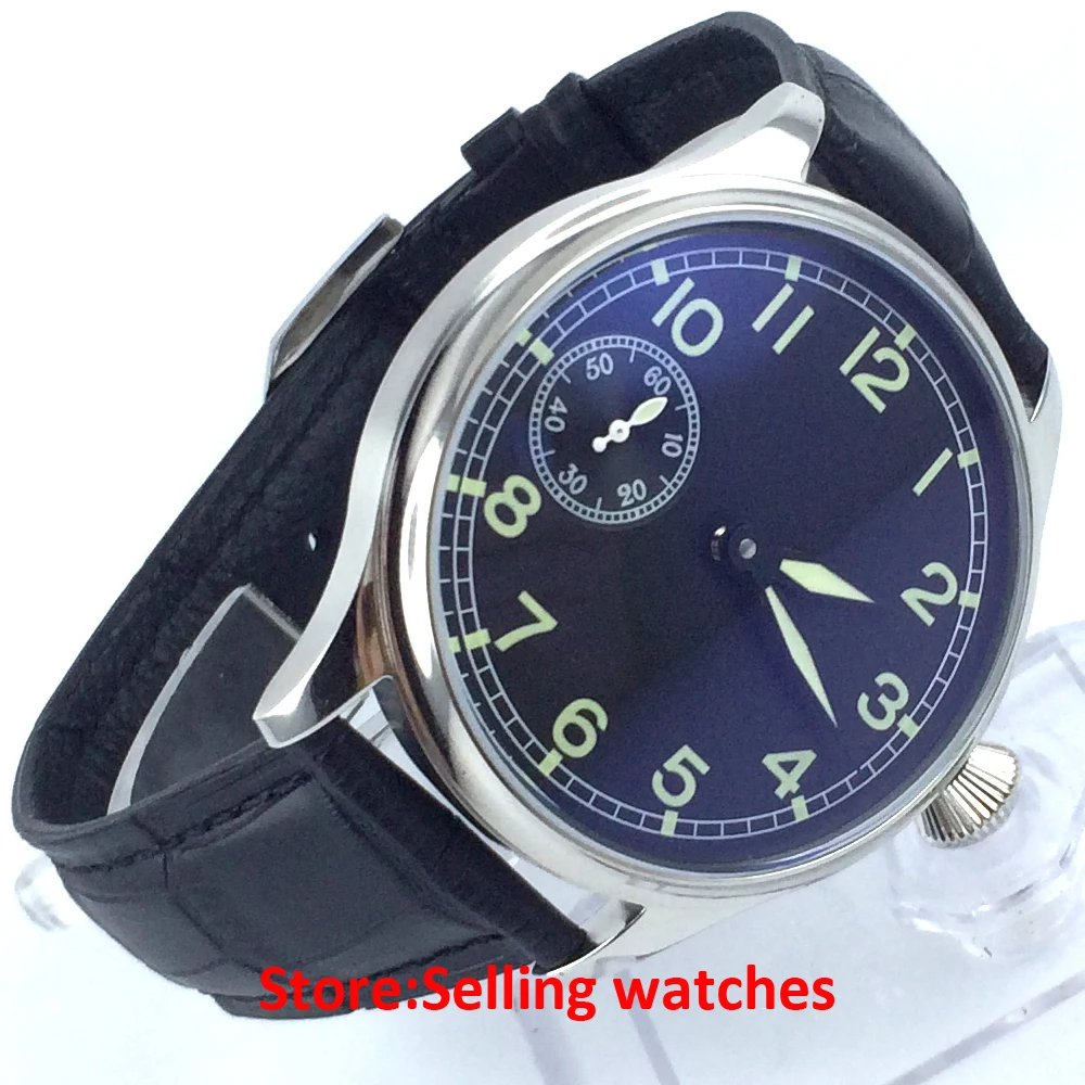 classic 44mm parnis black dial big crown seagull hand winding 6497 mens watch