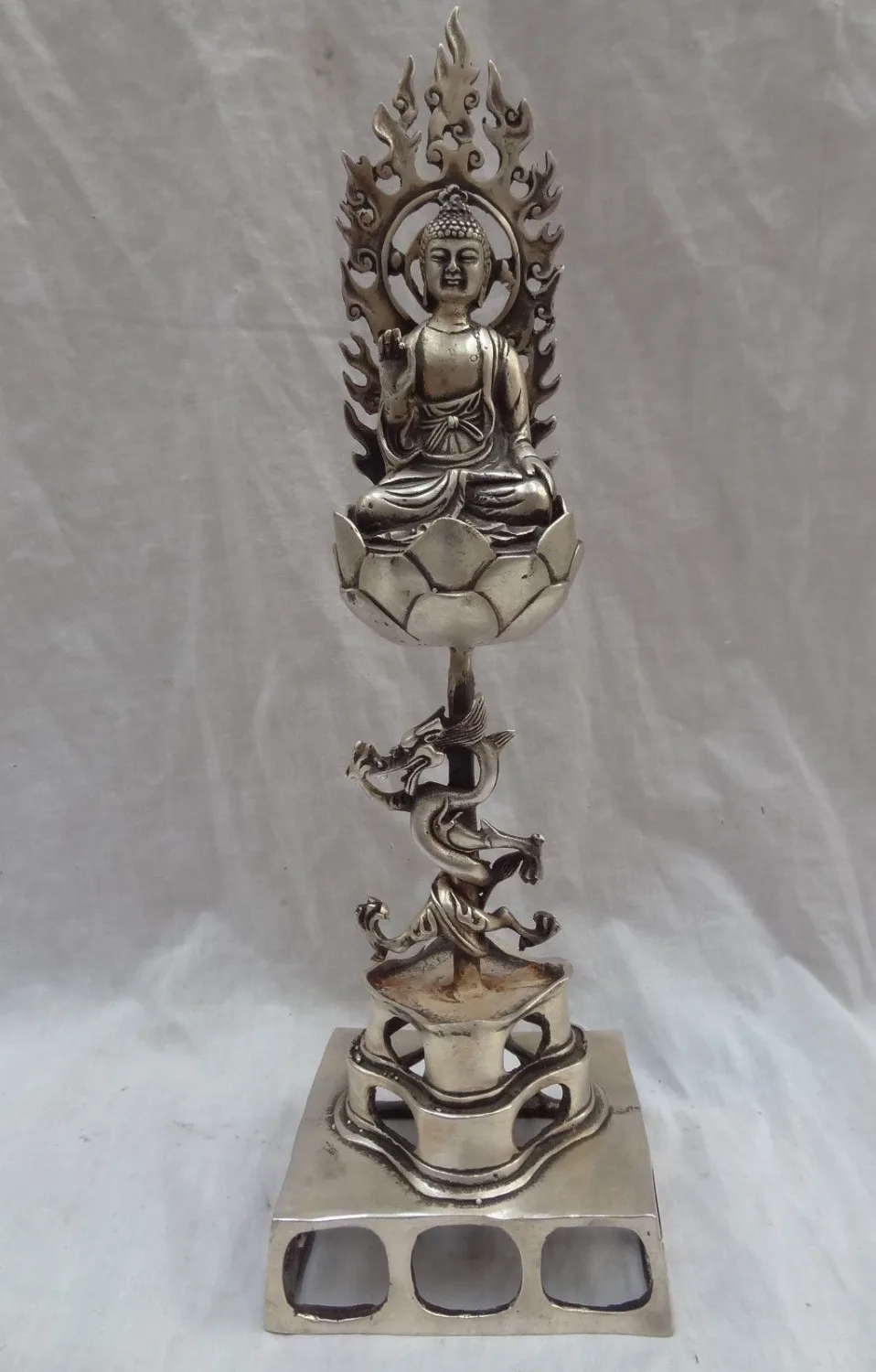 

13" Chinese Silver Dragon Head Sakyamuni Joss Set Tibet Shakyamuni Buddha Statue