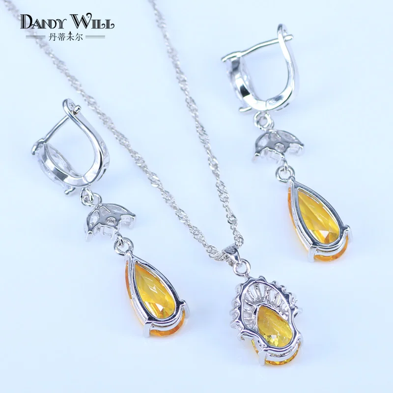 Suprise настоящий сверкающий желтый кубический цирконий серьги и ожерелье Модные женские 925 штамп серебряный цвет Ювелирные наборы
