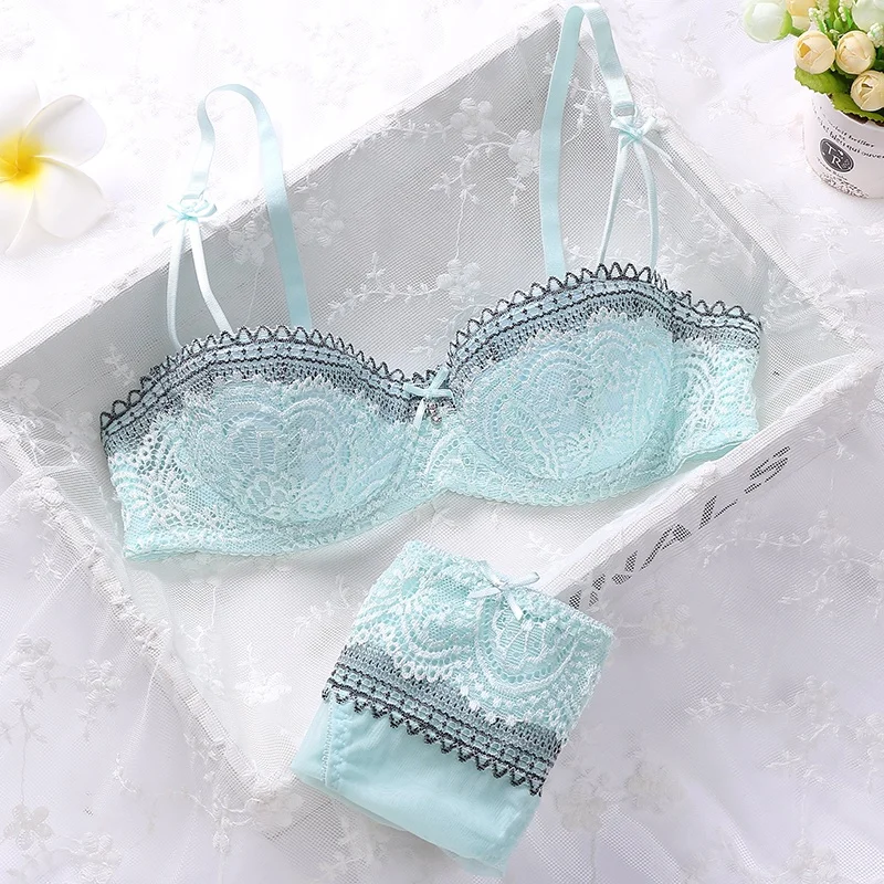 

Women Girls Summer Sweet Lace Embroidery Half Cup Bowknot Sexy Push Up Underwear And Panty Bra Set