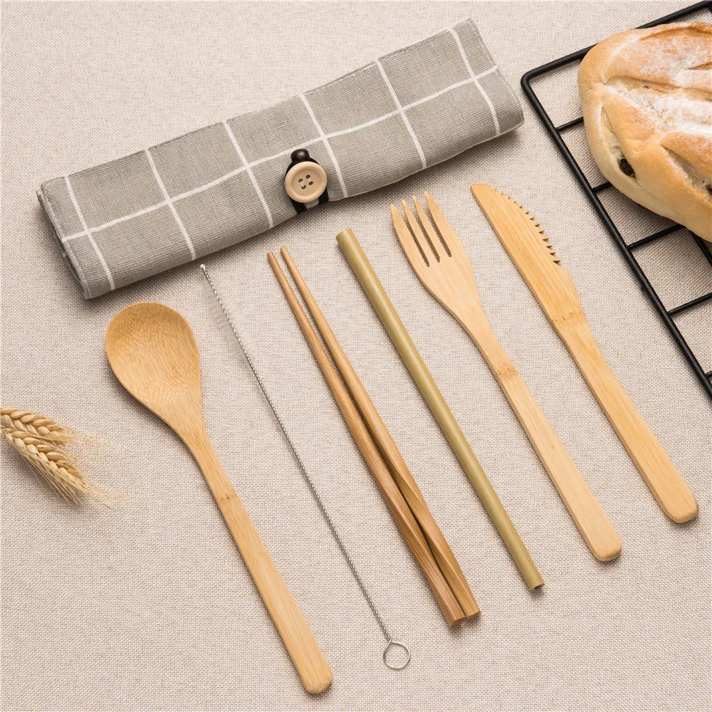 

Portable Cutlery Set Reusable Cutlery Bamboo Fork Knife Spoon Chopsticks Straw with Brush Cloth Bag Travel Camping Cutlery Set