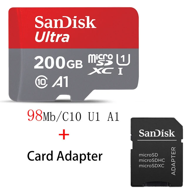 sandisk Micro SD 16 ГБ 32 ГБ 64 ГБ 128 ГБ 200 ГБ 256 Гб MicroSDHC/SDXC UHS-I Ultra C10 TF карта C4 16G 32G Cartao de Memoria - Емкость: A1-TF-100-200G-SD-Ad