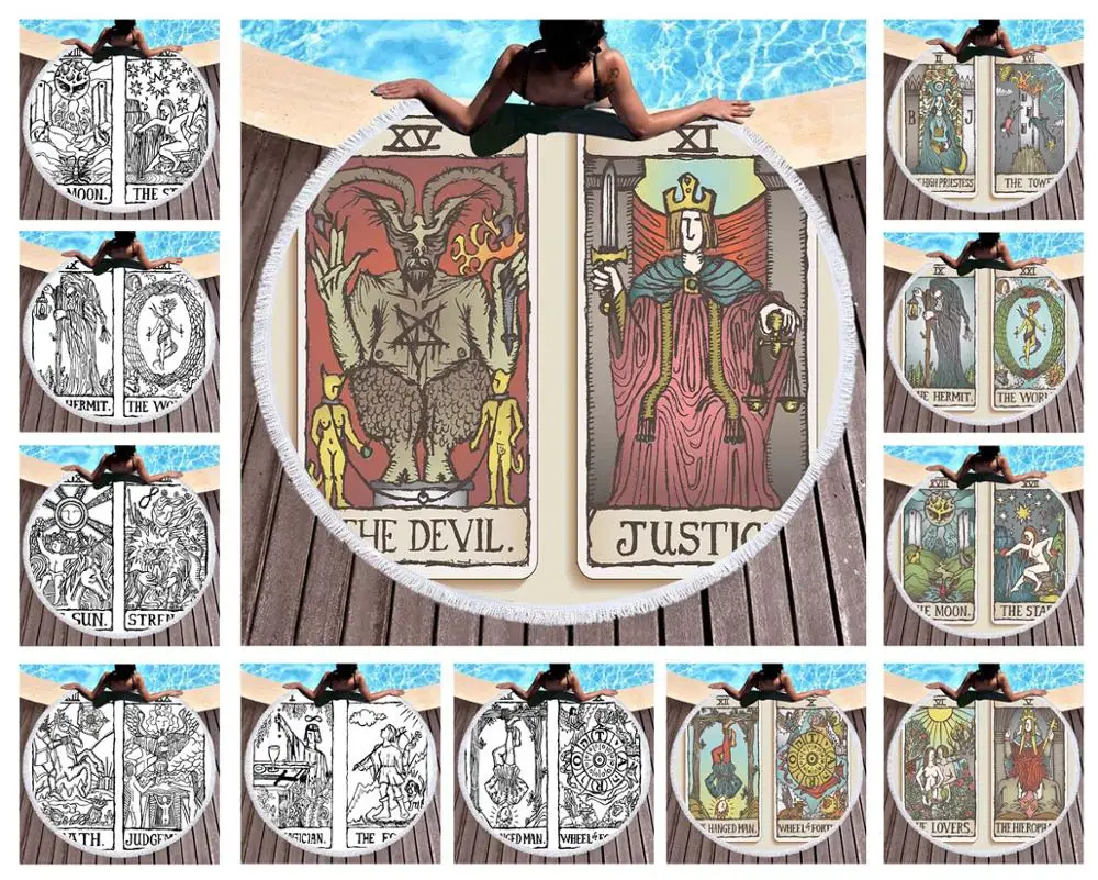 

Free shipping Novelty Gift Tarot Cards Devil Justice Moon Star Hermit Lovers Print Fringed Large Swim Bath beach towel Blanket