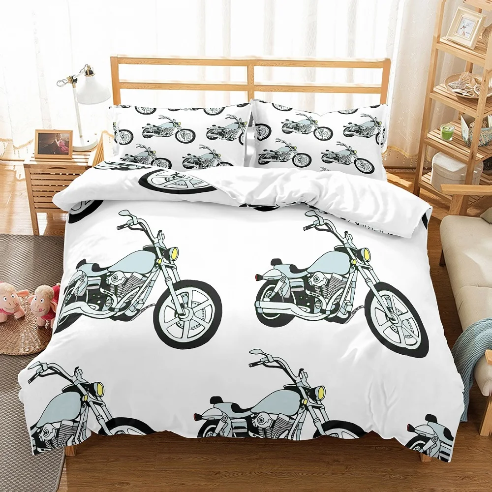 

Teens Motor Bedding Set 3D Silver Motorcycle Bedspread Printed Background White Duvet Cover Set 3PCS(1 Duvet Cover 2 Pillowcase)